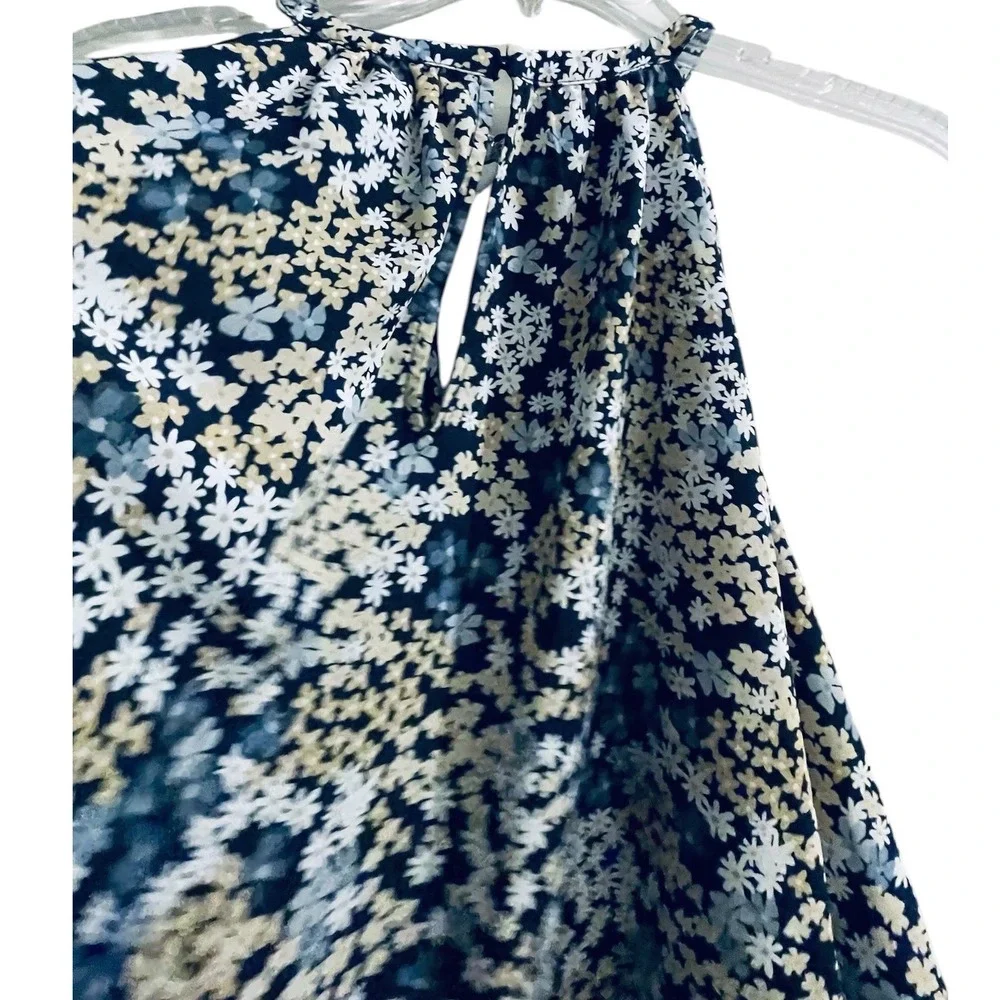 Michael Kors‎ Floral Cold Shoulder Chain Halter Neck Blouse Navy Blue Cream L
